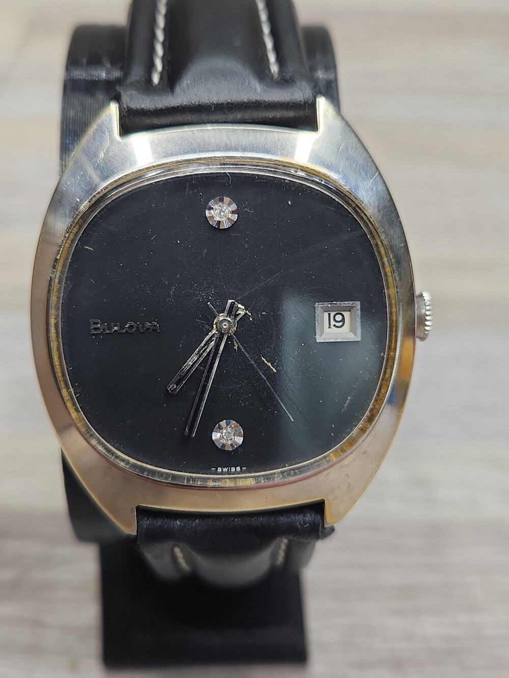 Vintage Mens Bulova Watch Black Diamond Excellency.Runs But Needs Hands Service